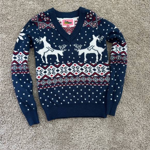 Tipsy Elves Funny Naughty Adult Blue and Red Knit Sweater Deer - Picture 1 of 4